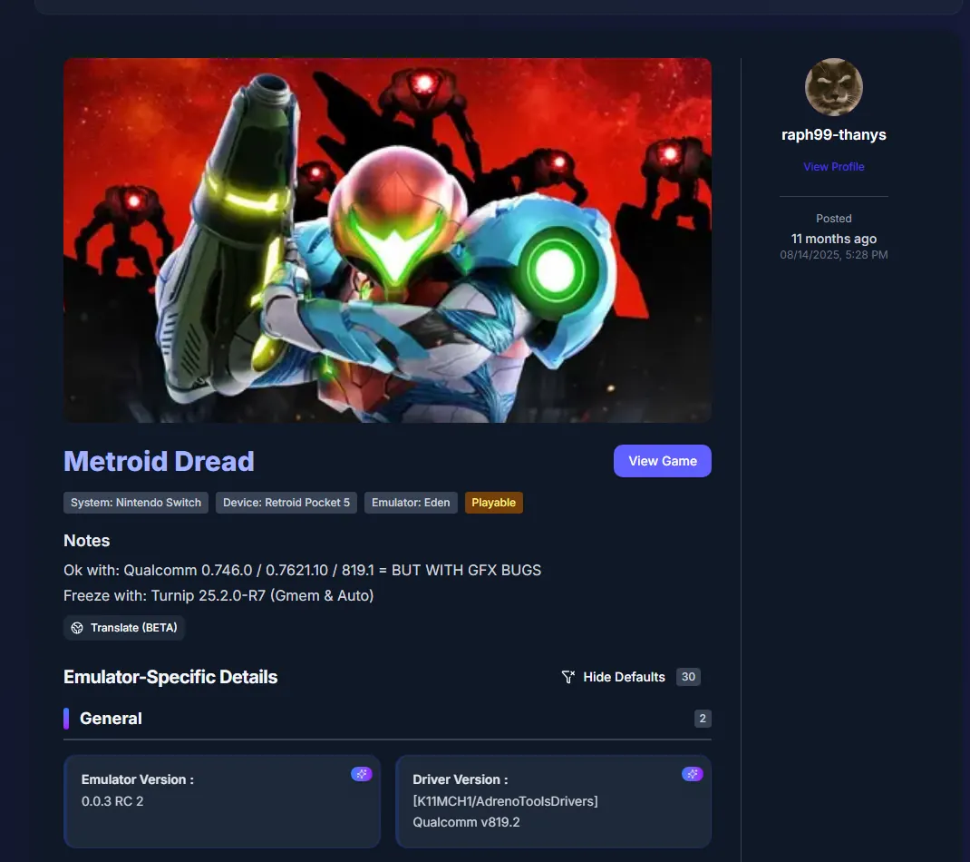 Report comunitario EmuReady di Metroid Dread con Eden