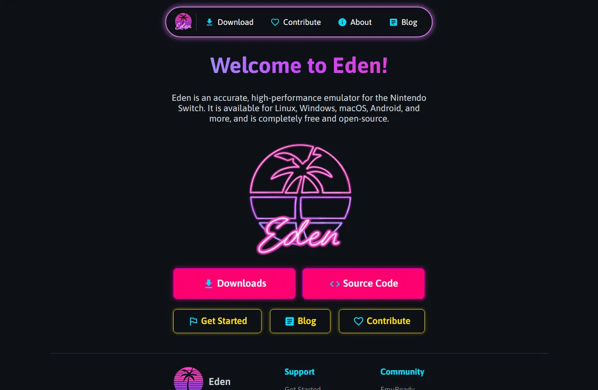 Sito ufficiale Eden con link a piattaforme e community