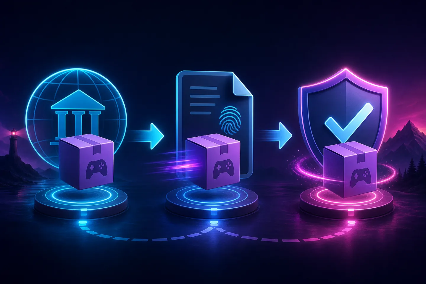 Ilustración conceptual que muestra una descarga de emulador pasando por etapas de verificación de origen, archivo y seguridad