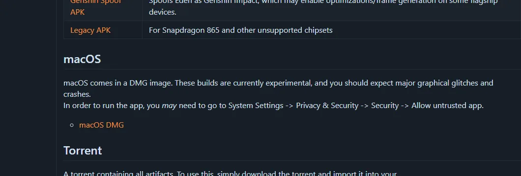 Notas oficiais do Eden v0.2.1 descrevendo o DMG macOS como experimental