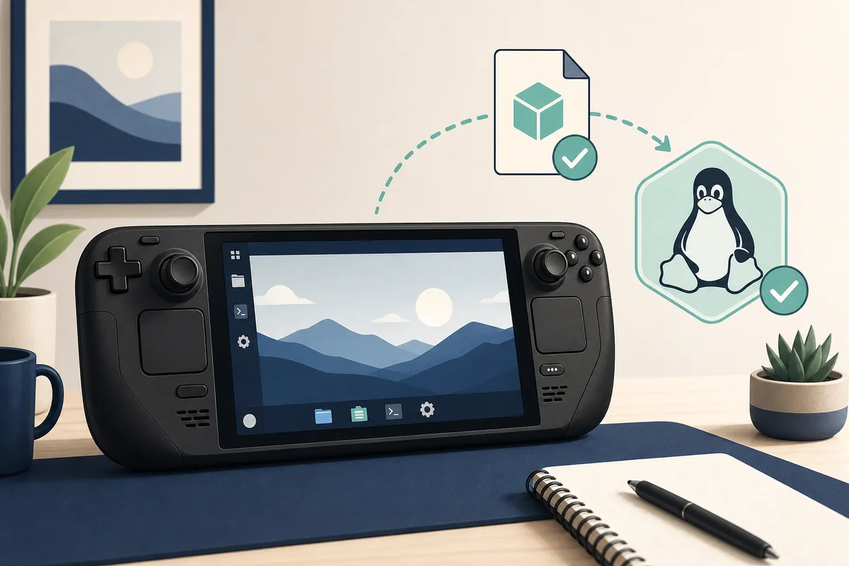 Editorial illustration of a Steam Deck beside a verified Eden Emulator Linux release file