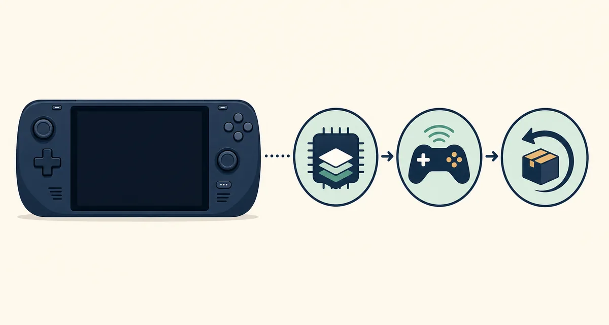 Editorial illustration of a Steam Deck black-screen check moving through graphics, controller and rollback checks